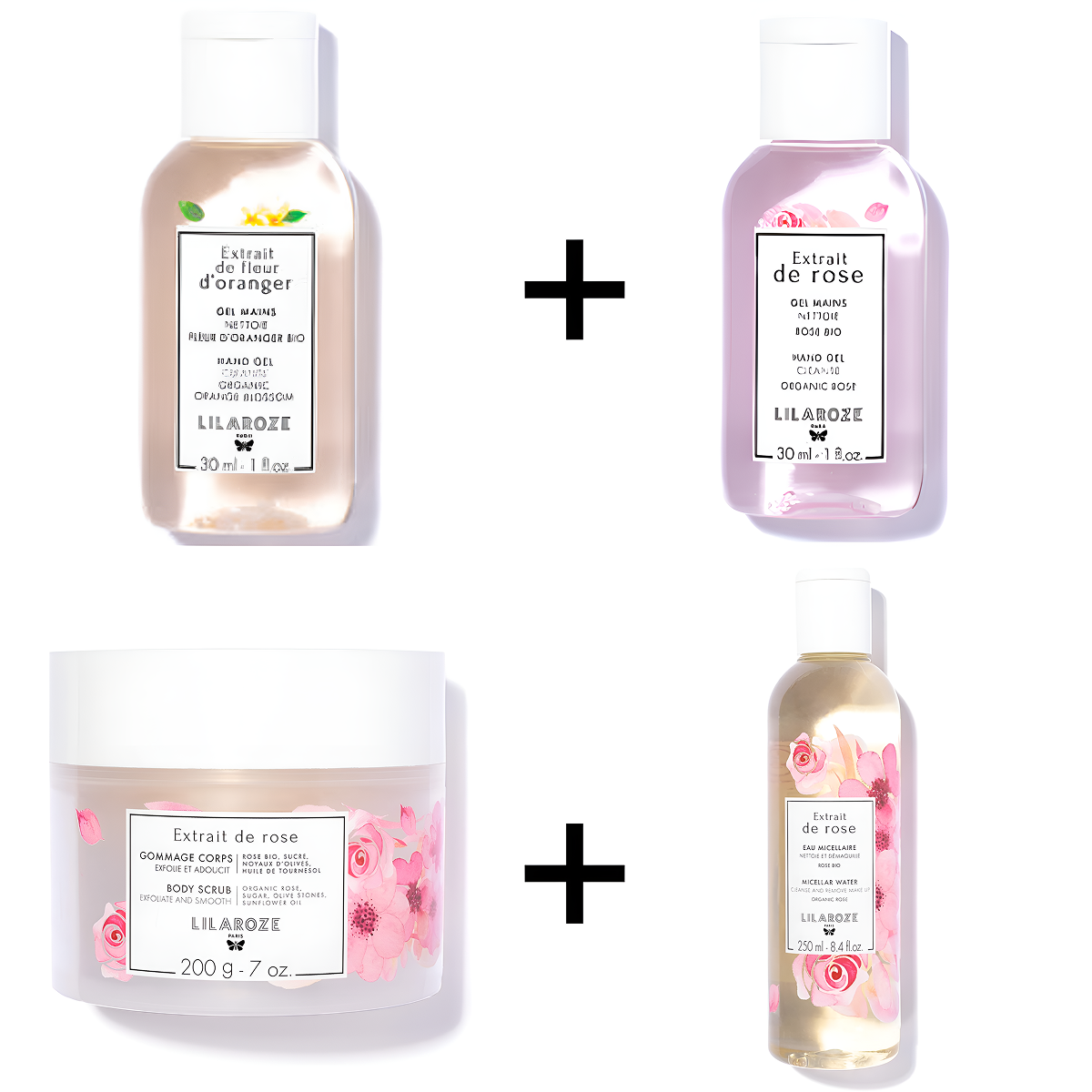 Lilaroze Paris - Pack Gel Mains Extract of fleurs D'oranger + Micellar Water Extract of rose + Gel Main Extract of rose + Exfoliating Scrub Body Extract of rose