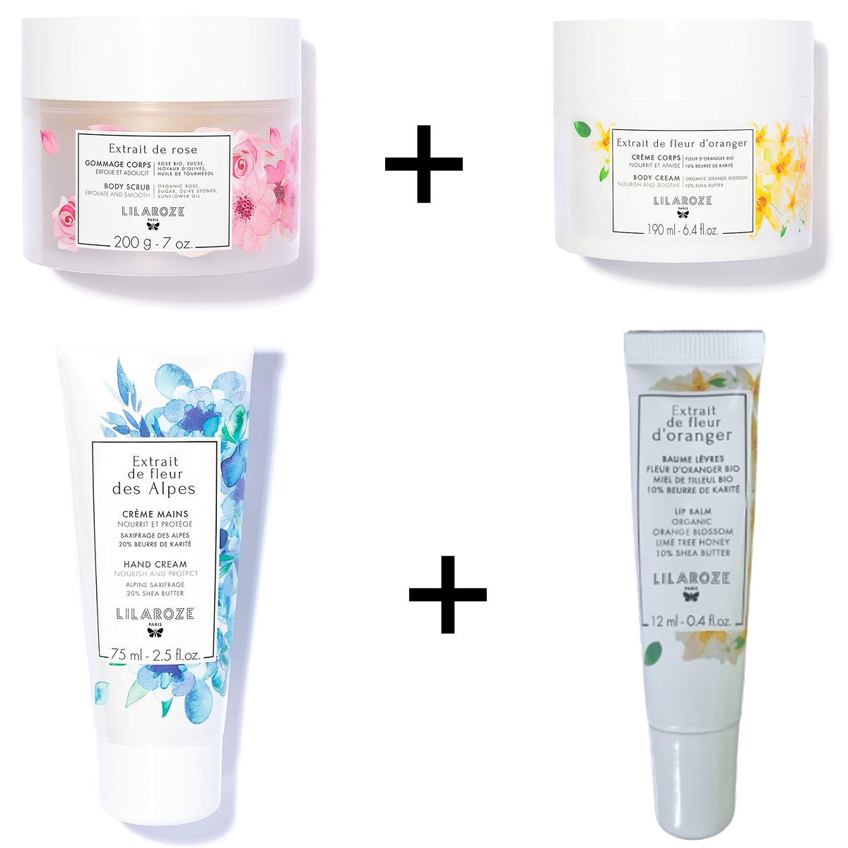 Lilaroze Paris - Pack Cream Body Extract of fleur d'Oranger + Lip Balm Extract of fleur d'oranger + Hand Cream Extract of fleur des Alpes + Exfoliating Scrub Body Extract of rose