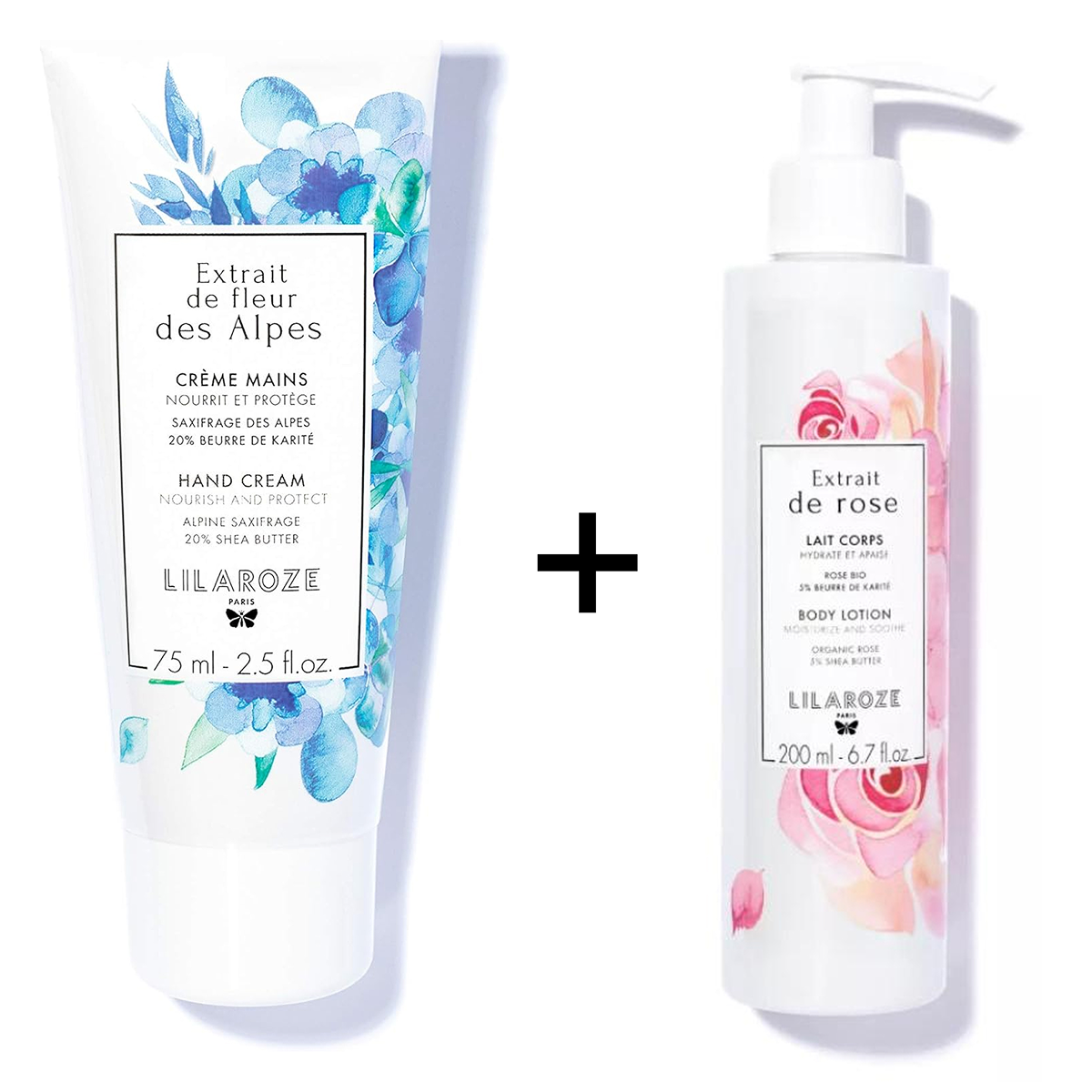 Lilaroze Paris - Hand Cream Extract of Fleur Des Alpes Nourrit et Protège + Lait Body Extract of Rose Hydrate et Apaise beurre de karité