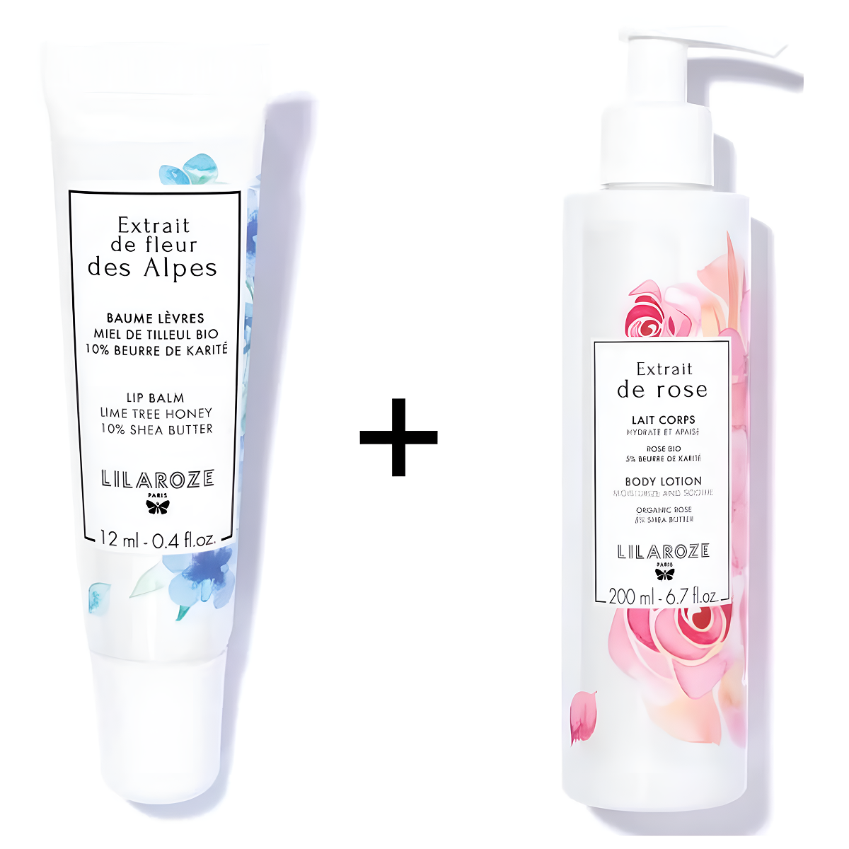Lilaroze Paris - Pack Lip Balm Extract of Fleur Des Alpes Miel de Tilleul Bio + Lait Body Extract of Rose Hydrate et Apaise beurre de karité