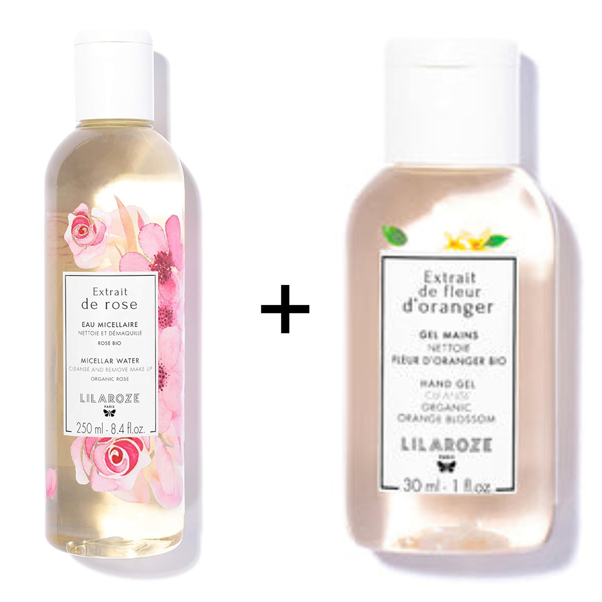 Lilaroze - Pack Micellar Water Extract of Rose Nettoie et Démaquille Bio + Cleansing Hand Gel Extract of Fleur D'oranger