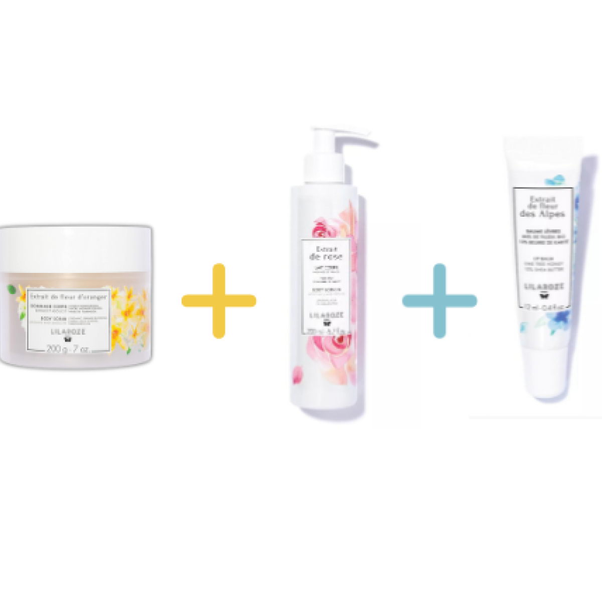 Lilaroze Paris - Pack Exfoliating Scrub Body Extract of Fleur D'oranger Bio + Lait Body Extract of Rose Hydrate et Apaise beurre de karité + Lip Balm Extract of Fleur Des Alpes Miel de Tilleul Bio