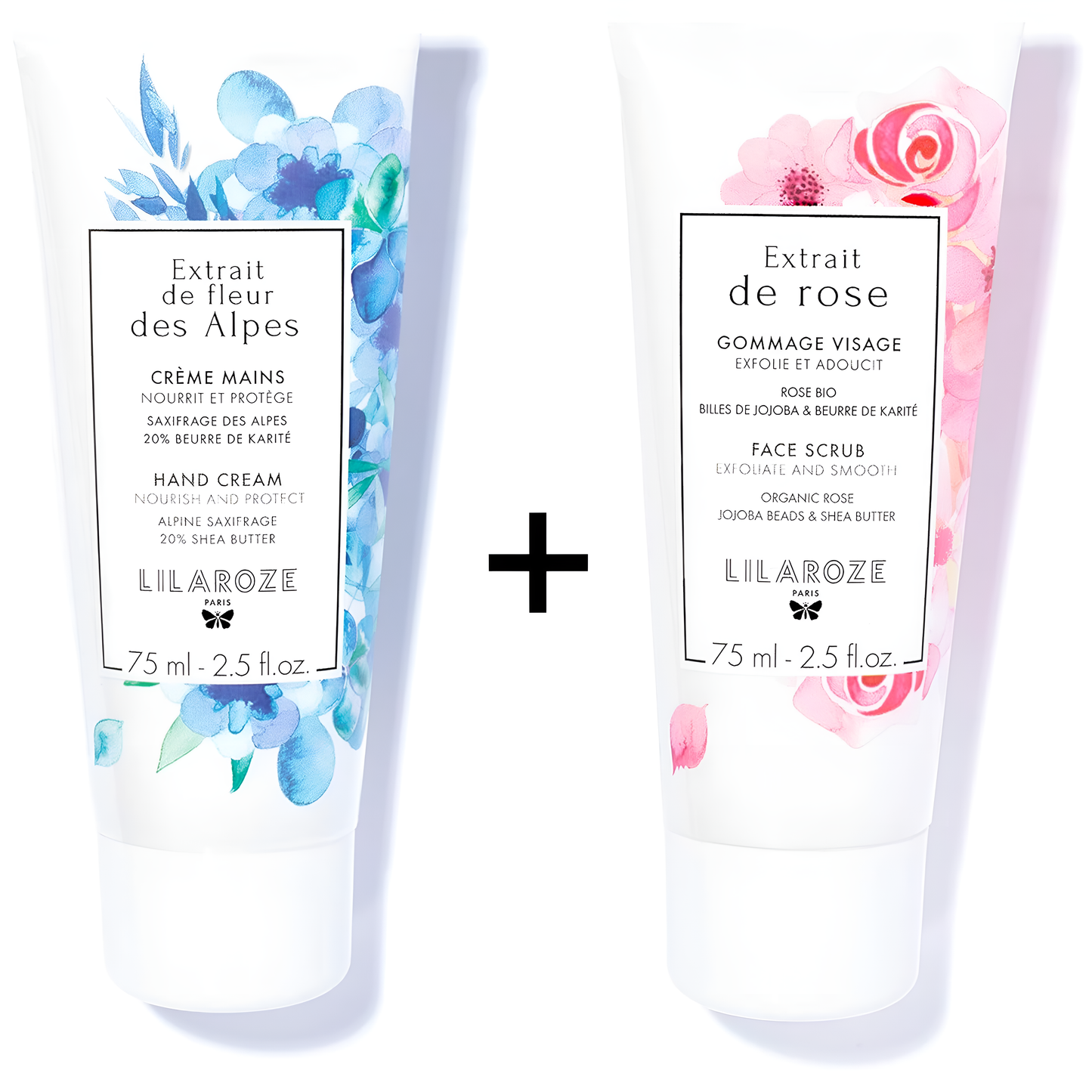 Lilaroze Paris - Nourishes and Protects - Fleur Des Alpes Extract Hand Cream + Exfoliates and Softens - Rose Extract Face Scrub Pack