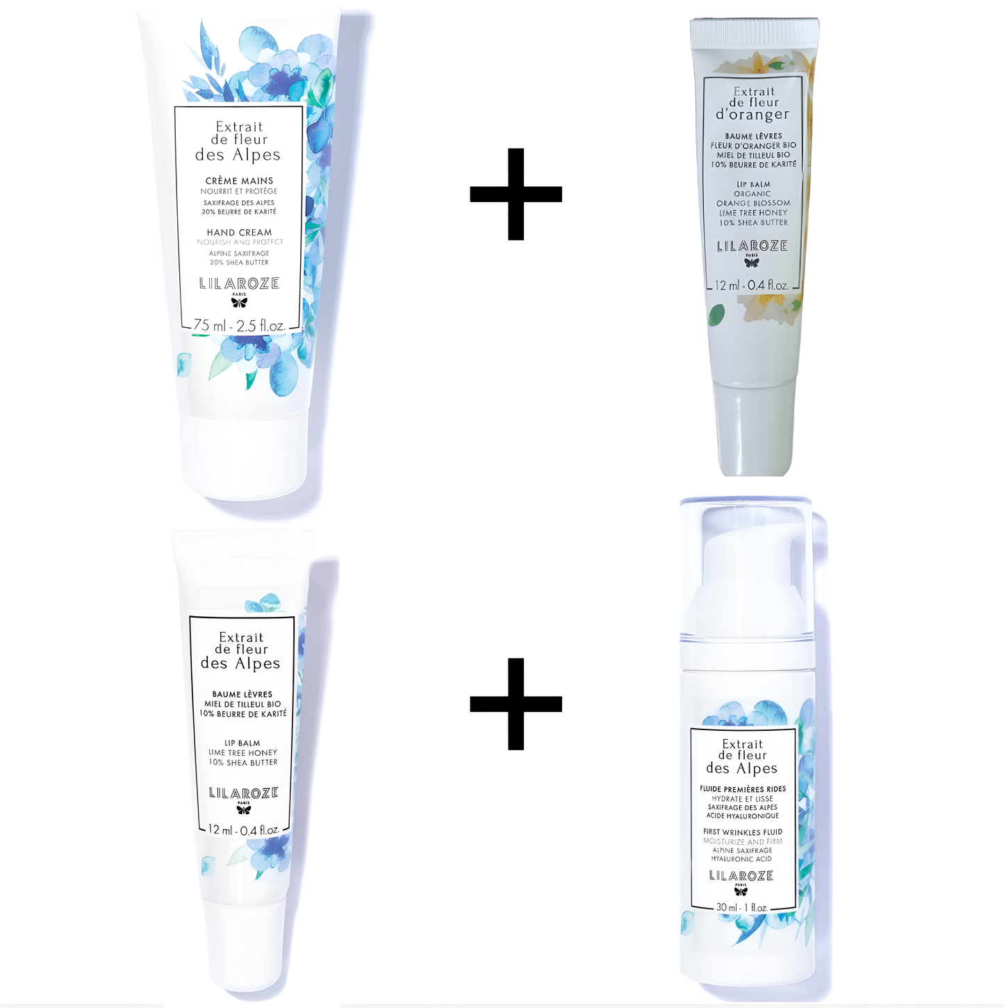 Lilaroze Paris - Pack Creme Mains Extrait de fleur des Alpes + Fluide Premieres Rides Extrait de fleur des Alpes + Baume Levres Extrait de fleur des Alpes + Baume Levres Extrait de fleur d'Oranger