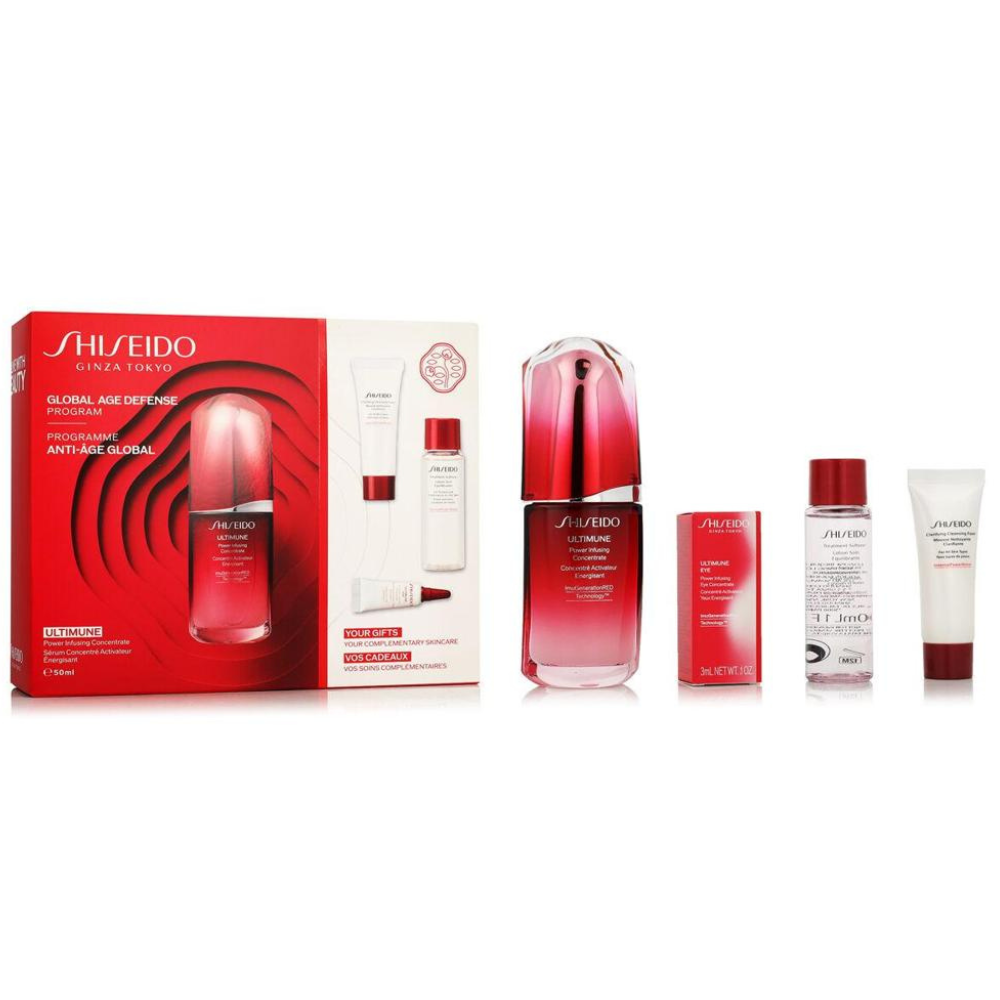 Shiseido - Global Anti-Aging Program - Ultimune Energizing Activating Concentrate Set 50 Ml
+ Clarifying Cleansing Foam 15 Ml
+Lotion Balancing Care 30 Ml
+ Ultimune Energising Activating Eye Concentrate 3 ml
