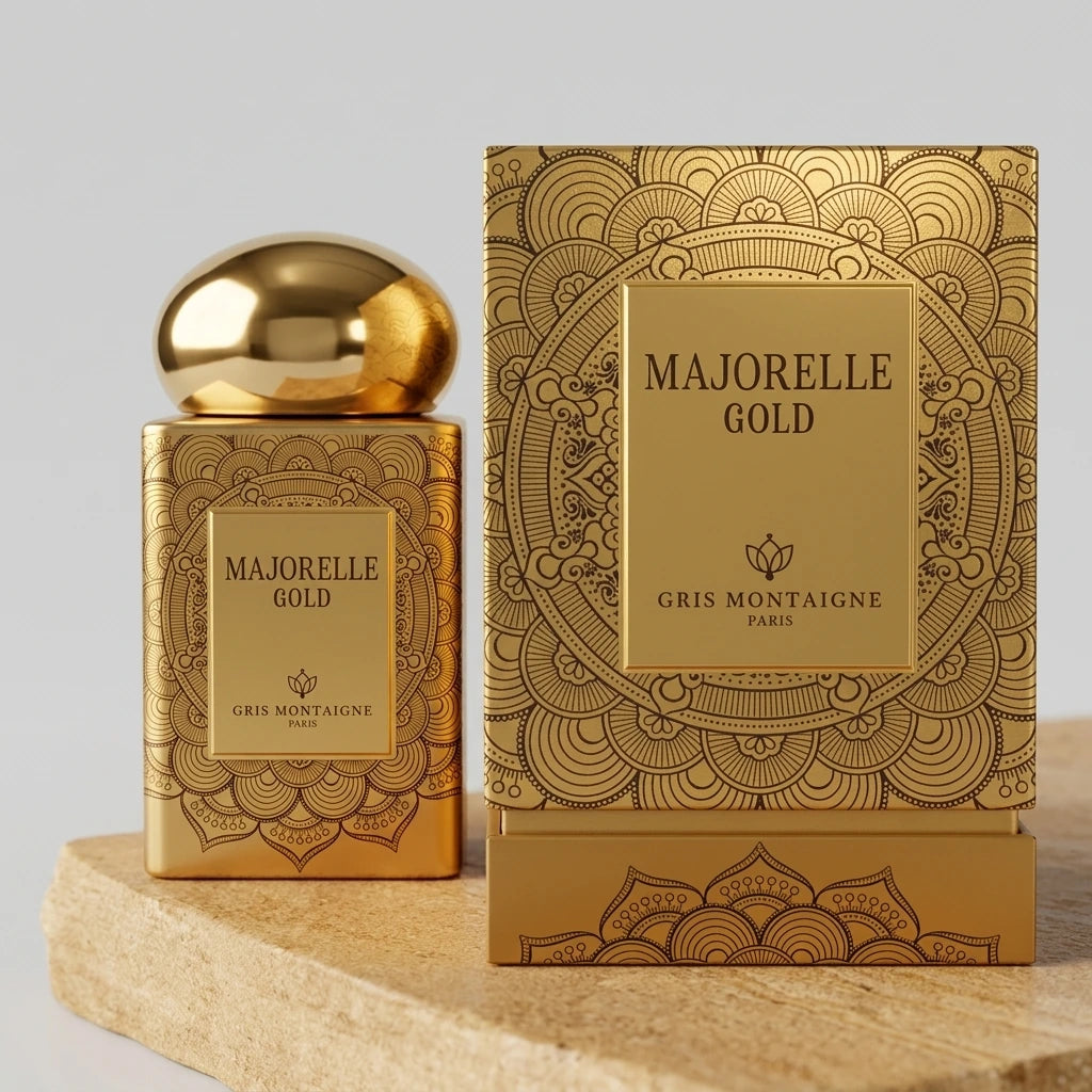 Un plan moyen net et rigoureusement frontal du coffret d'or mat image_2046de.jpg posé à la verticale sur une dalle de grès poli texturé de couleur ocre. La lumière de studio est directionnelle et chaude, venant de biais pour faire briller subtilement le motif mandala et l'inscription 'MAJORELLE GOLD' de image_2046de.jpg. L'arrière-plan est minimaliste et épuré pour concentrer toute l'attention sur la trame luxueuse du packaging. Style : Photographie publicitaire de haute joaillerie. (gemini-3.1-flash-image-