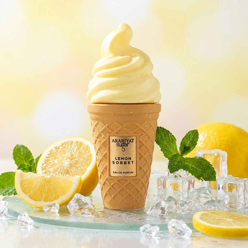Creative e-commerce shot of the Arabiyat Sugar Lemon Sorbet perfume bottle inspired by image_520fa2.jpg. The bottle stands elegantly on a frosted glass surface, surrounded by fresh juicy lemon slices, mint leaves, and crystal-clear crushed ice cubes scattering subtle reflections. The background is a soft, sun-drenched pastel yellow and white blurred bokeh gradient. Vibrant, zesty, and sweet fragrance concept. Aspect ratio 1:1, size 1200x1200px. (gemini-3-pro-image-preview)