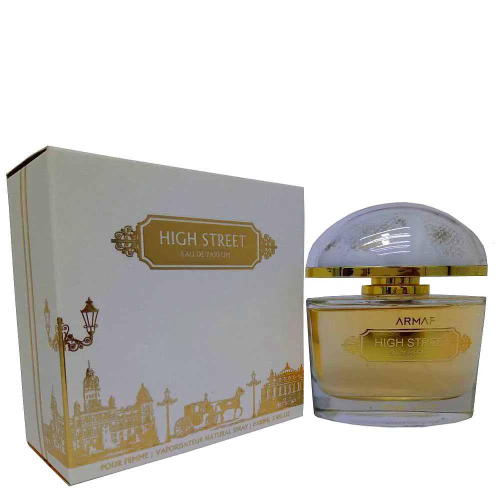 Armaf High Street Eau de Parfum pour femme, a stylish floral fragrance for women in an elegant glass bottle with gold accents.