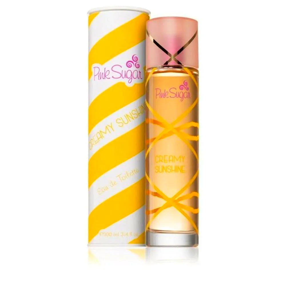 Bottle of Aquolina Pink Sugar - Creamy Sunshine Eau de Toilette for women, featuring a playful pink and yellow design with a sugary, sweet aesthetic.