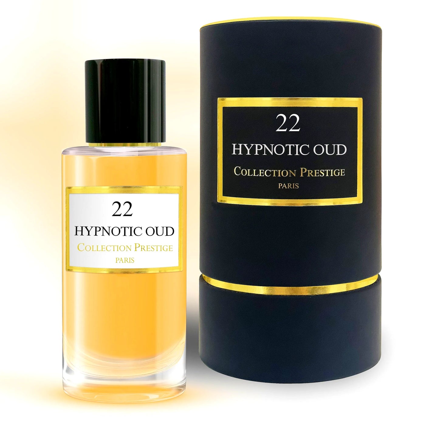 Luxury Collection Prestige - Hypnotic Oud Eau de Parfum Mixte in an elegant glass bottle with gold accents, resting on a sleek black background.