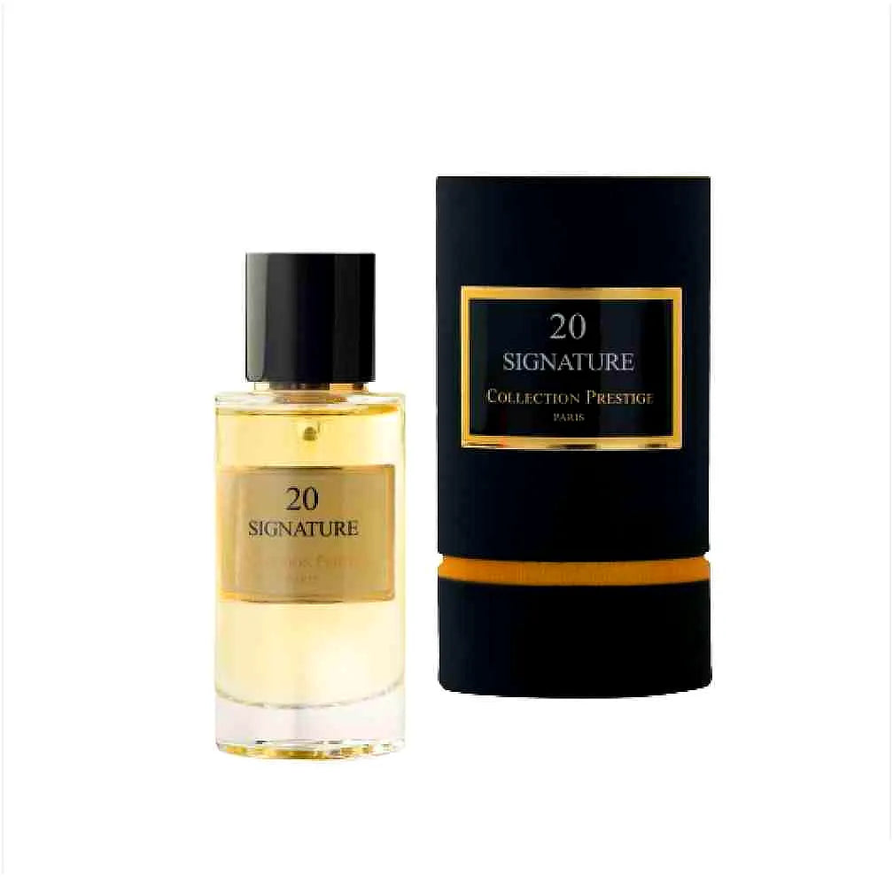 Elegant bottle of Collection Prestige - Signature - Eau de Parfum Mixte with a luxurious gold and black design, standing on a reflective surface.