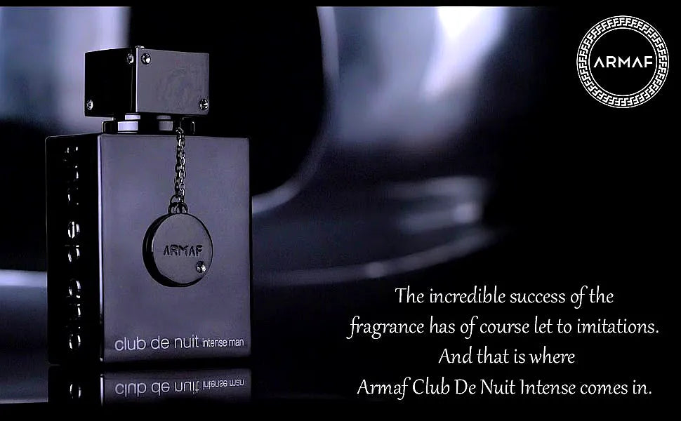 Armaf Club de Nuit Intense Eau de Toilette for men - A sleek, modern fragrance bottle with a black cap and silver detailing, set against a dark background.