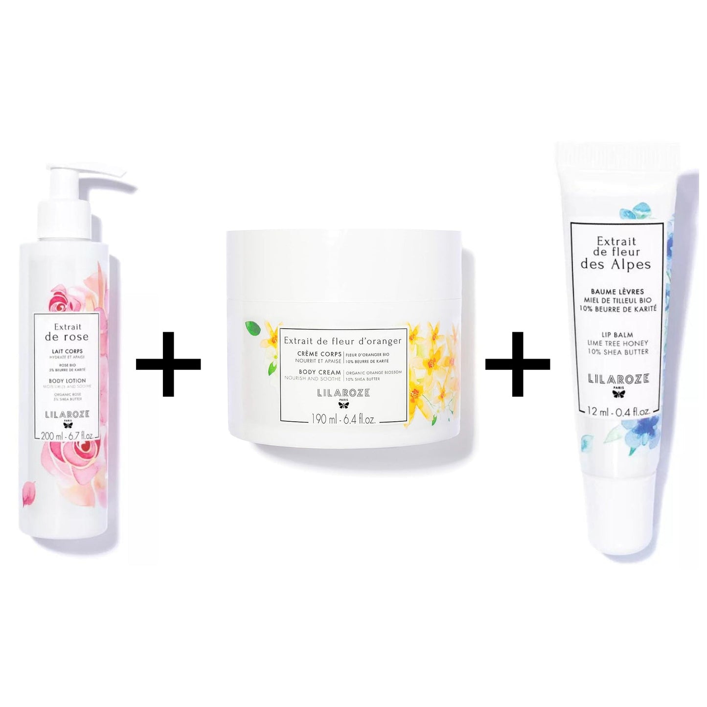 Lilaroze Paris - Organic Orange Blossom Extract Body Scrub + Rose Extract Moisturizing and Soothing Body Lotion Shea Butter + Organic Alpine Blossom Extract Lime Blossom Honey Lip Balm Pack