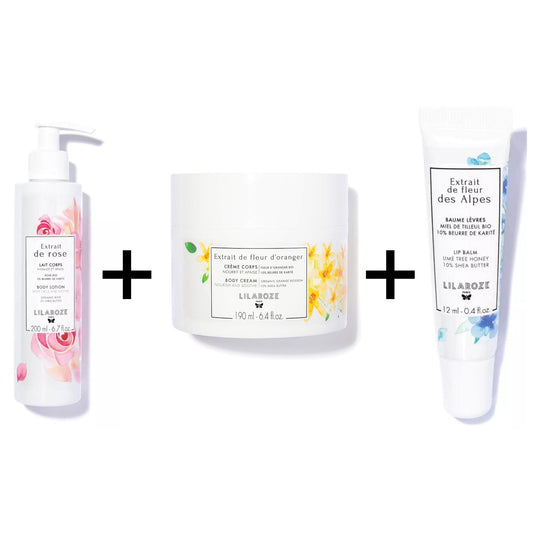 Lilaroze Paris - Organic Orange Blossom Extract Body Scrub + Rose Extract Moisturizing and Soothing Body Lotion Shea Butter + Organic Alpine Blossom Extract Lime Blossom Honey Lip Balm Pack