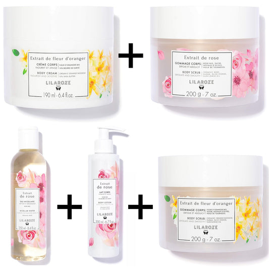 Lilaroze Paris - Orange Blossom Extract Body Scrub + Rose Extract Body Scrub + Orange Blossom Extract Body Cream + Rose Extract Body Lotion + Rose Extract Micellar Water Pack