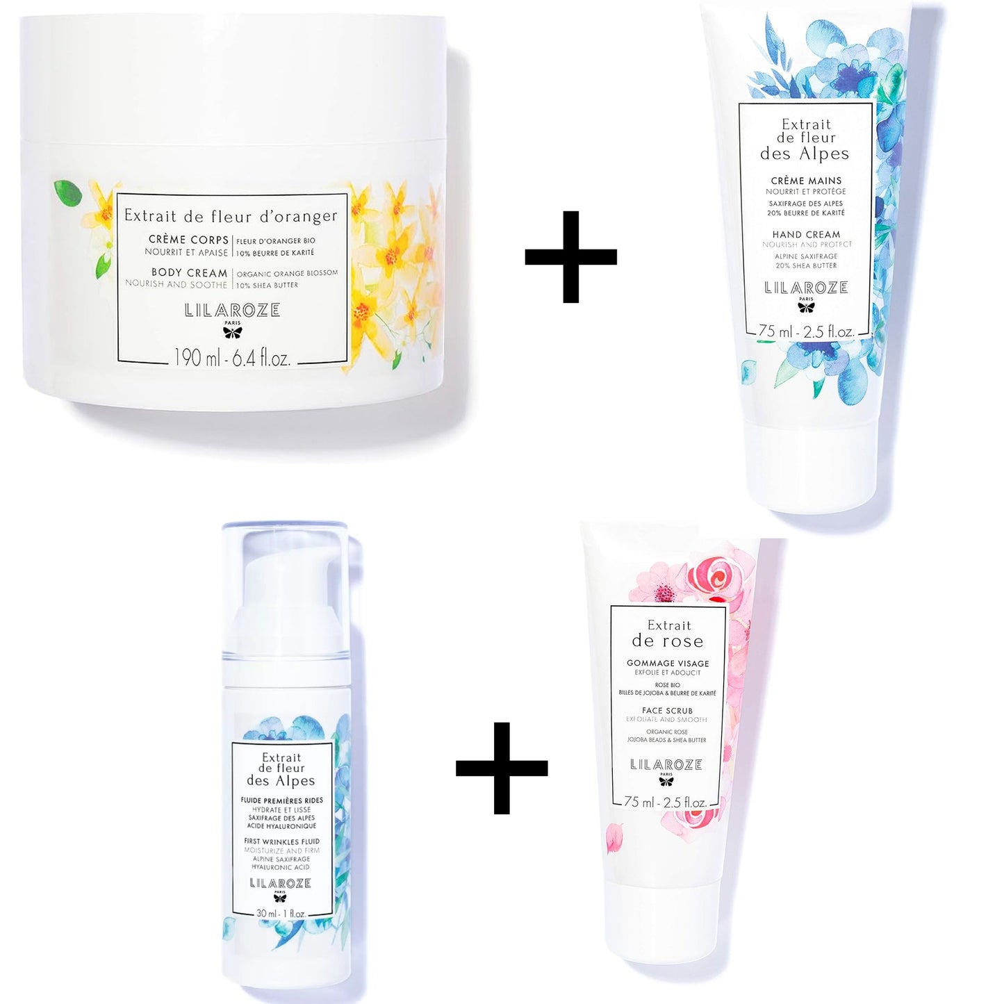 Lilaroze Paris - Pack Face Mask Rose Extract + First Wrinkle Fluid Alpine Blossom Extract + Hand Cream Alpine Blossom Extract + Body Cream Orange Blossom Extract