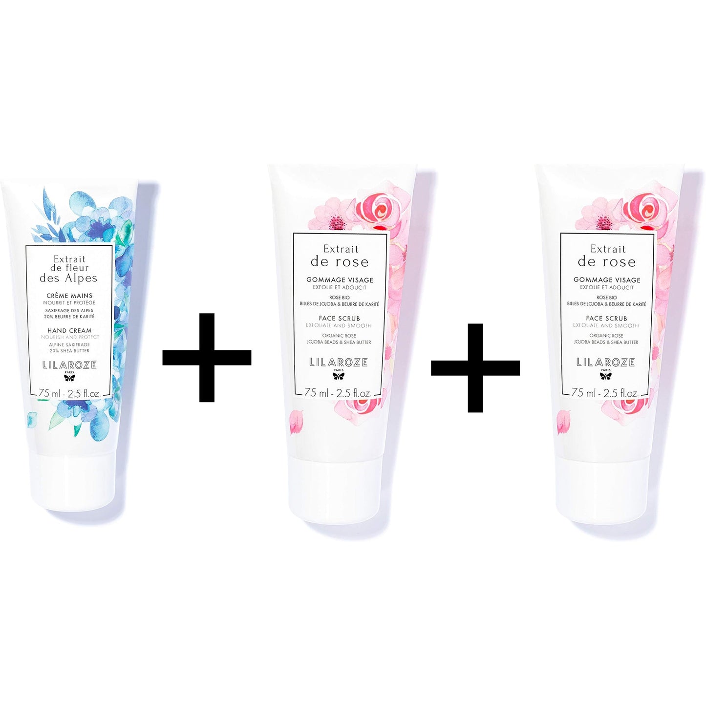 Lilaroze Paris - Face Mask Pack Rose Extract Moisturizes and Tones + Face Scrub Rose Extract Exfoliates and Softens + Hand Cream Alpine Flower Extract Nourishes and Protects