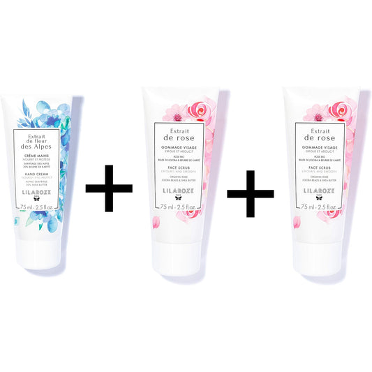 Lilaroze Paris - Face Mask Pack Rose Extract Moisturizes and Tones + Face Scrub Rose Extract Exfoliates and Softens + Hand Cream Alpine Flower Extract Nourishes and Protects