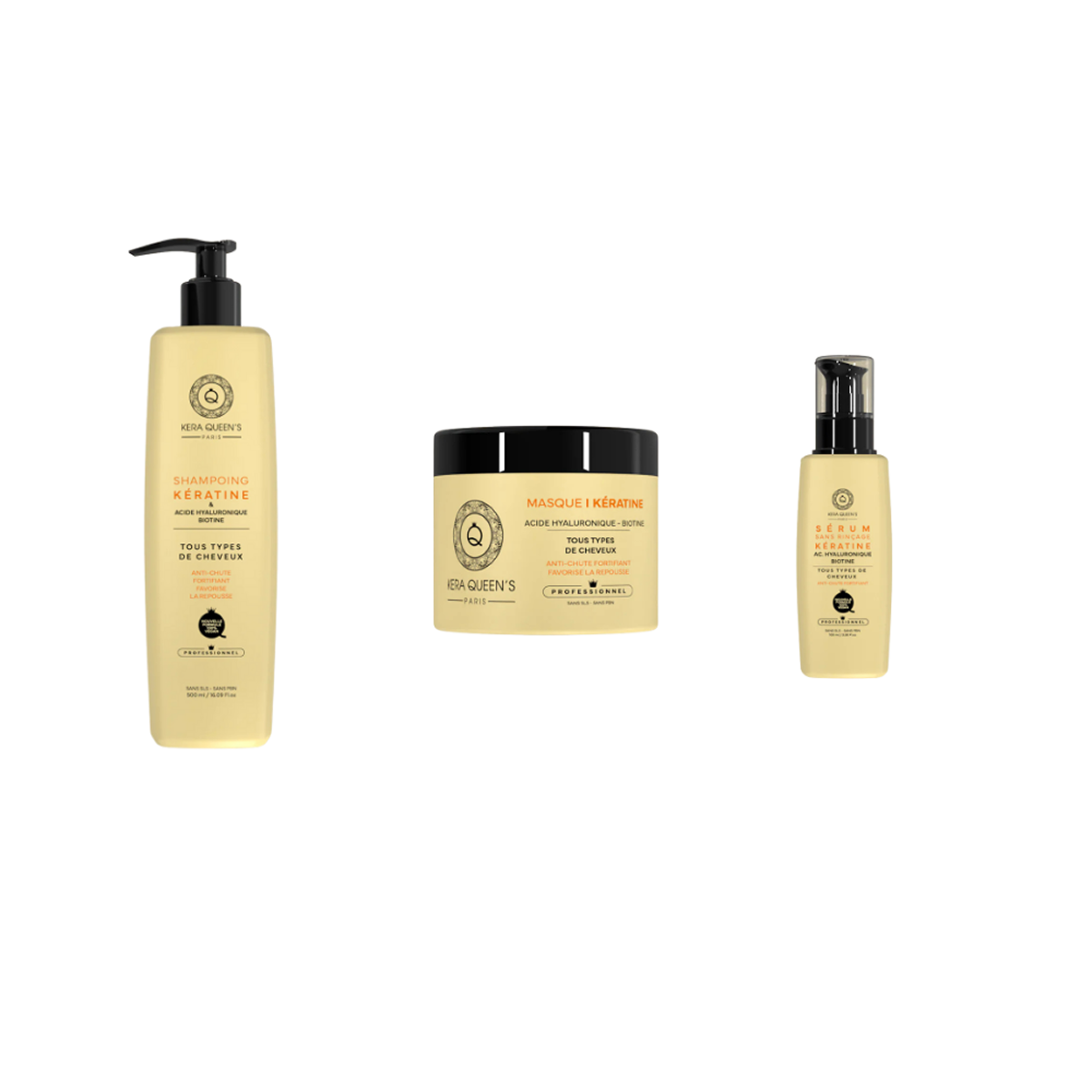 Kera Queen's - Trio Kératine Acide Hyaluronique - Biotine - Shampoo 500ml + Mask 500ml + Serum 100ml