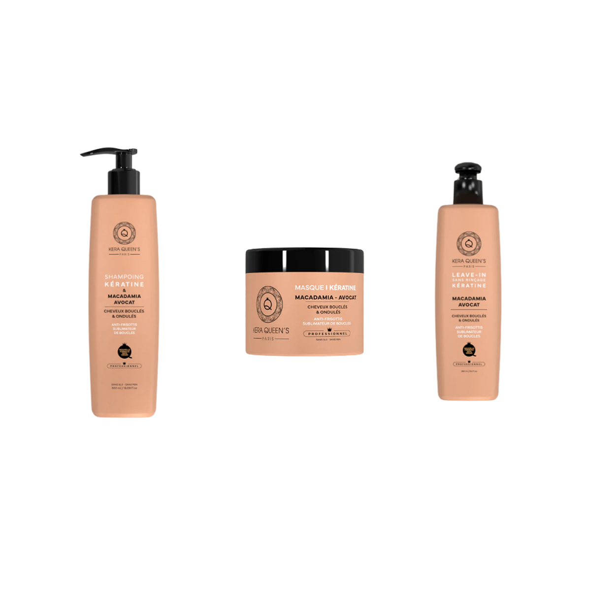 Kera Queen's - Trio Kératine et Macadamia Avocat - Shampoo 500ml + Mask 500ml + Leave - In 250 ml