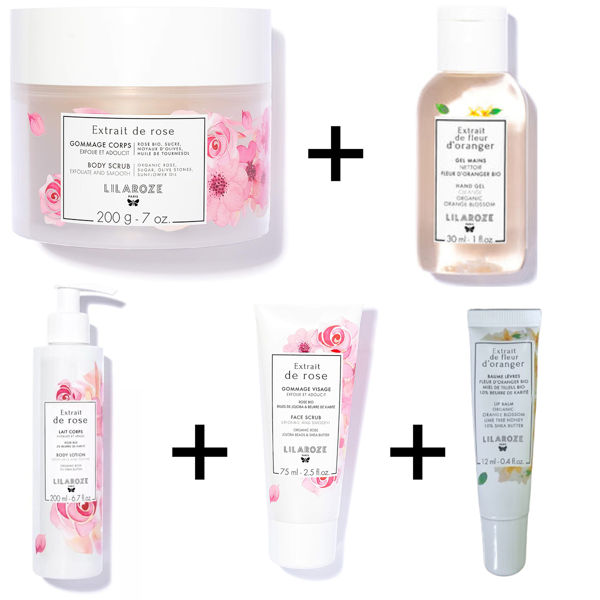 Lilaroze Paris - Pack Lait Body Extract of rose+ Exfoliating Scrub Face Extract of rose + Exfoliating Scrub Body Extract of rose + Lip Balm Extract of fleur d'Oranger + Gel Main Extract of fleur d'Oranger