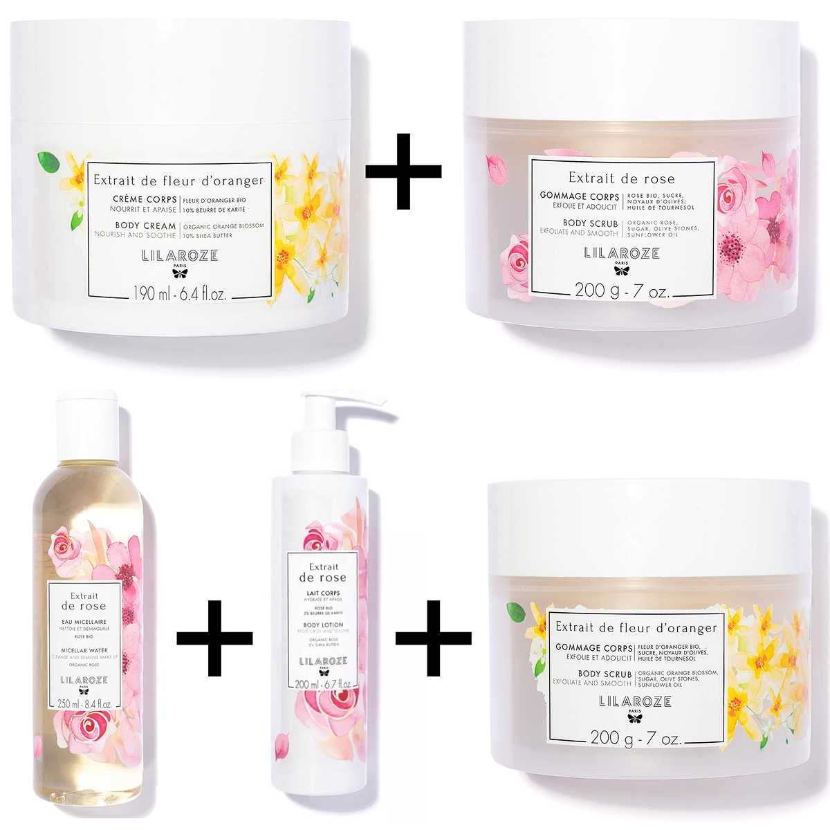 Lilaroze Paris - Pack Exfoliating Scrub Body Extract of fleurs D'oranger + Exfoliating Scrub Body Extract of rose + Cream Body Extract of fleur d'Oranger + Lait Body Extract of rose + Micellar Water Extract of rose