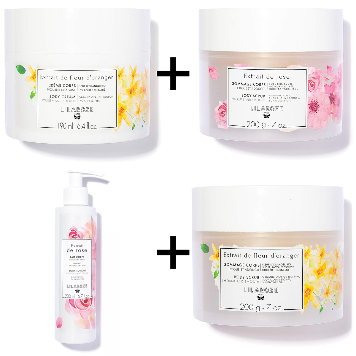 Lilaroze Paris - Pack Exfoliating Scrub Body Extract of fleurs D'oranger + Exfoliating Scrub Body Extract of rose + Cream Body Extract of fleur d'Oranger + Lait Body Extract of rose