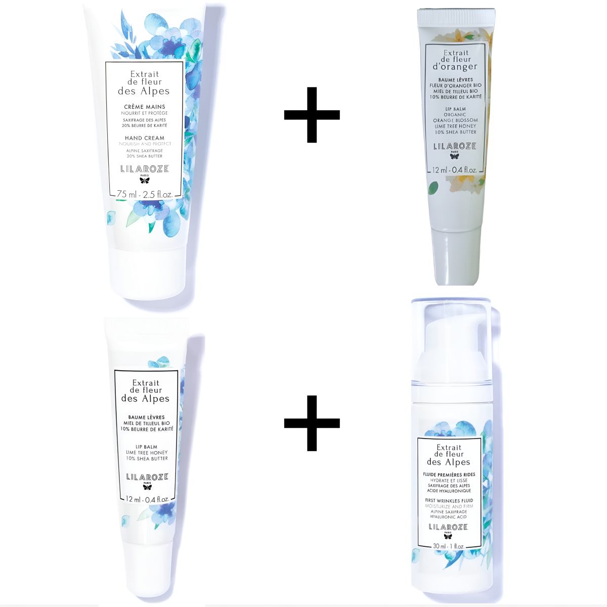 Lilaroze Paris - Pack Hand Cream Extract of fleur des Alpes + Fluide Premieres Rides Extract of fleur des Alpes + Lip Balm Extract of fleur des Alpes + Lip Balm Extract of fleur d'Oranger
