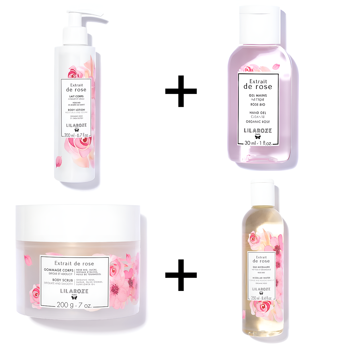 Lilaroze Paris - Pack Gel Mains Extract of rose + Micellar Water Extract of rose + Lait Body Extract of rose + Exfoliating Scrub de Body Extract of rose