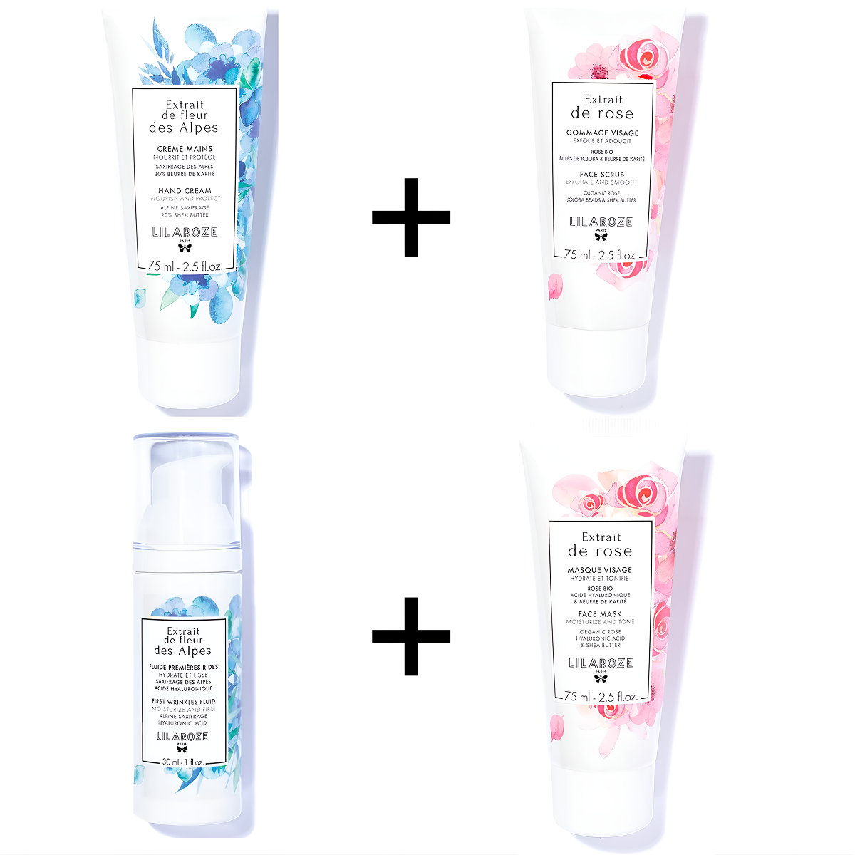 Lilaroze Paris - Pack Hand Cream Extract of fleur des Alpes + Exfoliating Scrub Face Extract of rose + Fluide Premiere Rides Extract of fleur des Alpes + Face Mask Extract of rose