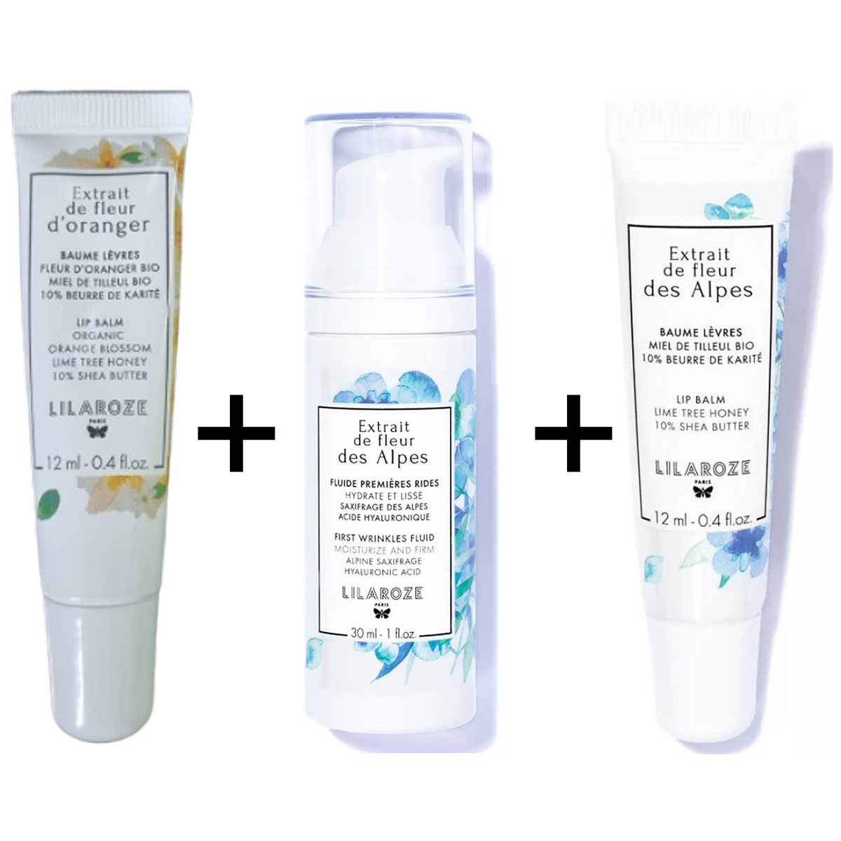 Lilaroze Paris - Pack Lip Balm Extract of Fleur D'oranger Beurre de Karité + Lip Balm Extract of Fleur Des Alpes Miel de Tilleul Bio + Fluide Première Rides Extract of Fleur Des Alpes Hydrate et Lisse Acide Hyaluronique