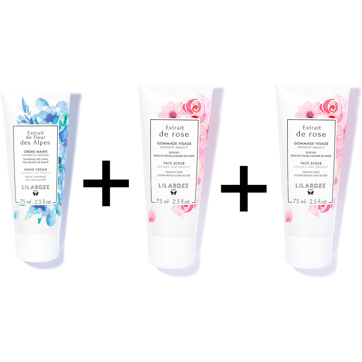 Lilaroze Paris - Pack Face Mask Extract of Rose Hydrate et Tonifie + Exfoliating Scrub Face Extract of Rose Exfolie et Adoucit + Hand Cream Extract of Fleur Des Alpes Nourrit et Protège