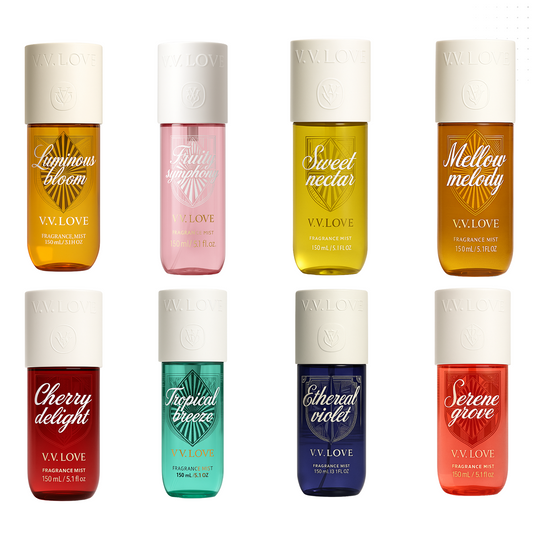 VV love - Pack Luminous Bloom + Fruity Symphony + Sweet Nectar + Mellow Melody + Cherry Delight + Tropical Breeze + Ethereal Violet + Serene Grove - Fragrance Mist for Women