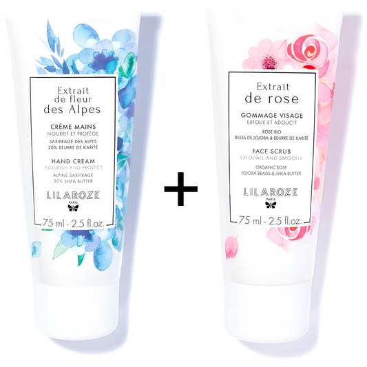 Lilaroze Paris - Nourishes and Protects - Fleur Des Alpes Extract Hand Cream + Exfoliates and Softens - Rose Extract Face Scrub Pack
