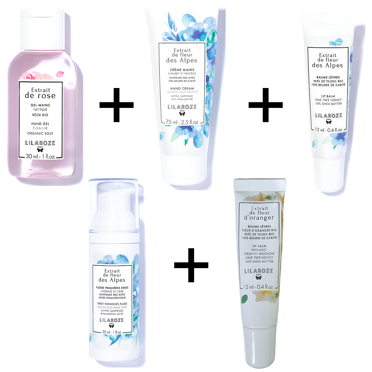Lilaroze Paris - Pack Hand Cream Extract of fleur des Alpes + Fluide Premieres Rides Extract of fleur des Alpes + Lip Balm Extract of fleur des Alpes + Lip Balm Extract of fleur d'Oranger + Gel Main Extract of rose
