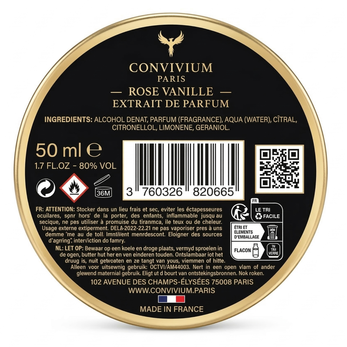 50ml Convivium Paris - Rose Vanille - Extrait de Parfum Mixte