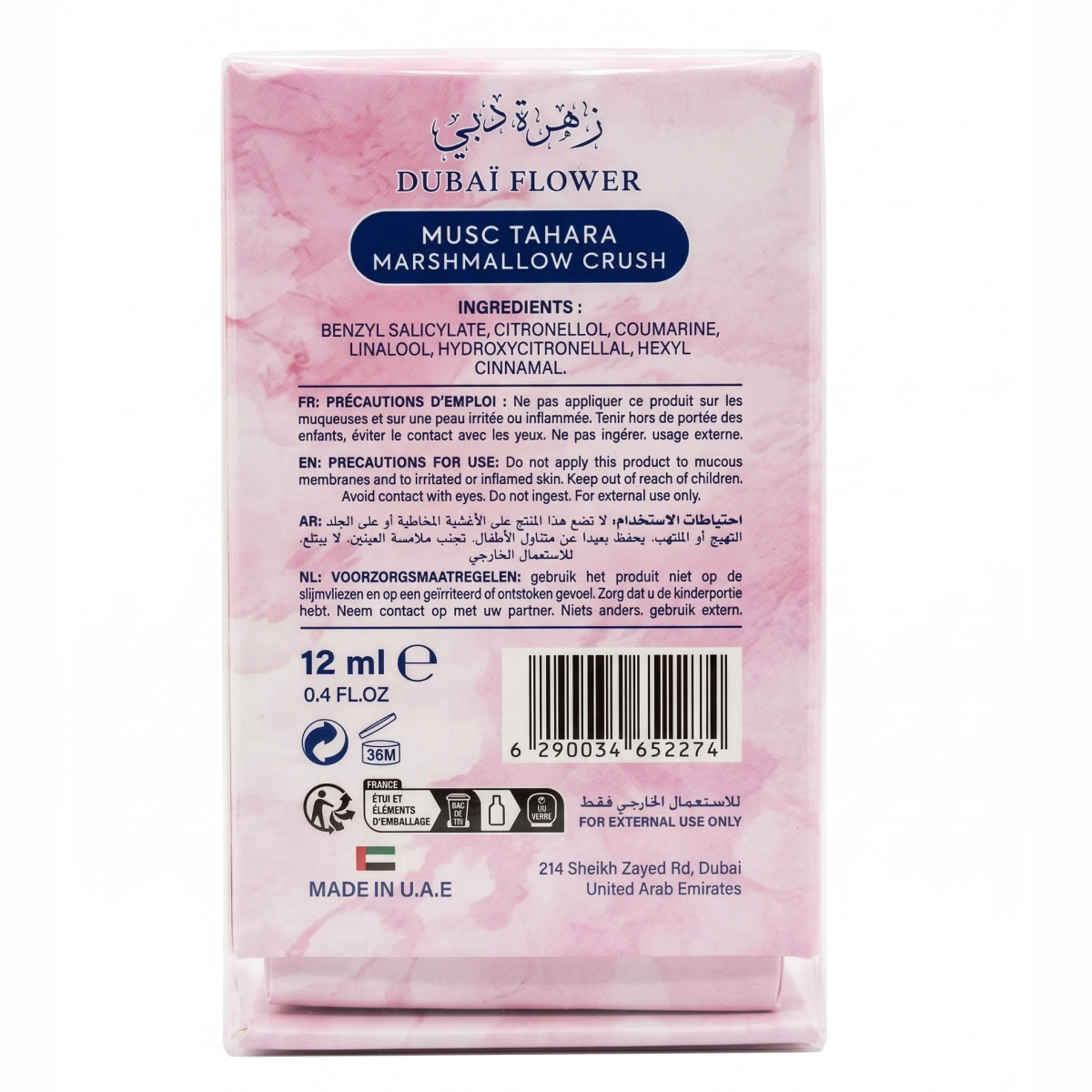 12ml Dubaï Flower - Musc Tahara Marshmallow Crush - Concentré de Parfum Mixte