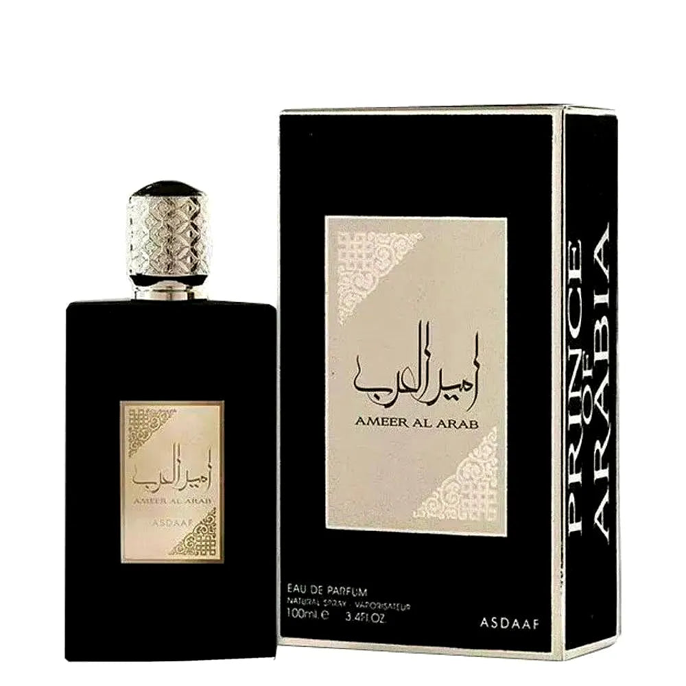 Bottle of Asdaaf Ameer Al Arab Eau de Parfum for men, elegant design with Arabic-inspired details.