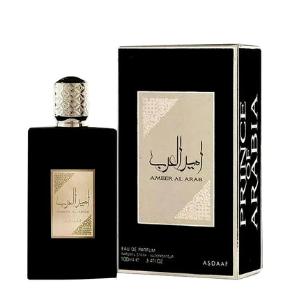 Bottle of Asdaaf Ameer Al Arab Eau de Parfum for men, elegant design with Arabic-inspired details.