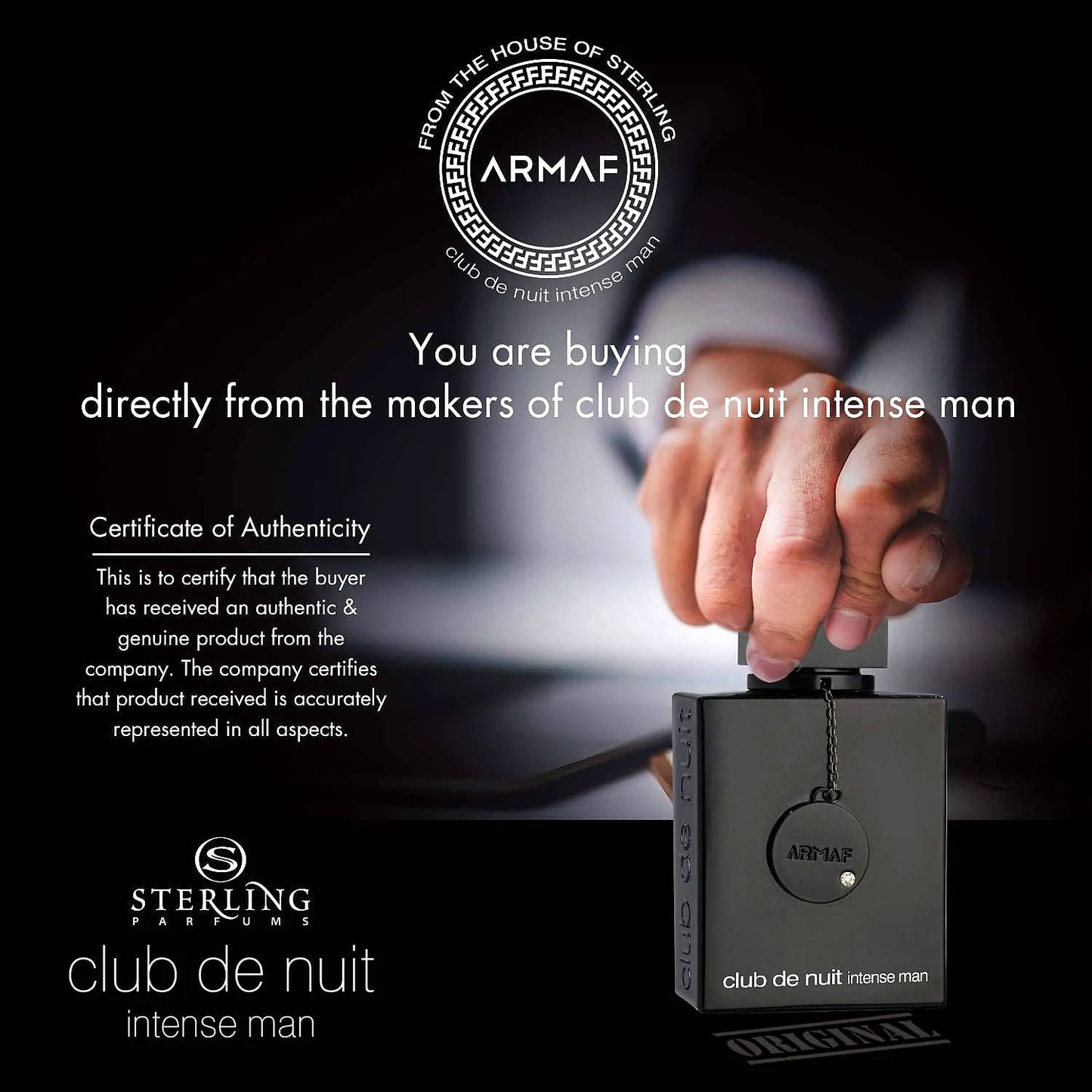 Armaf Club de Nuit Intense Eau de Toilette for men fragrance bottle with sleek design and golden accents.