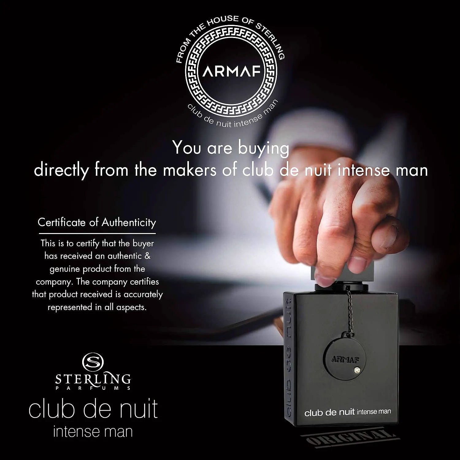 Armaf Club de Nuit Intense Eau de Toilette for men fragrance bottle with sleek design and golden accents.