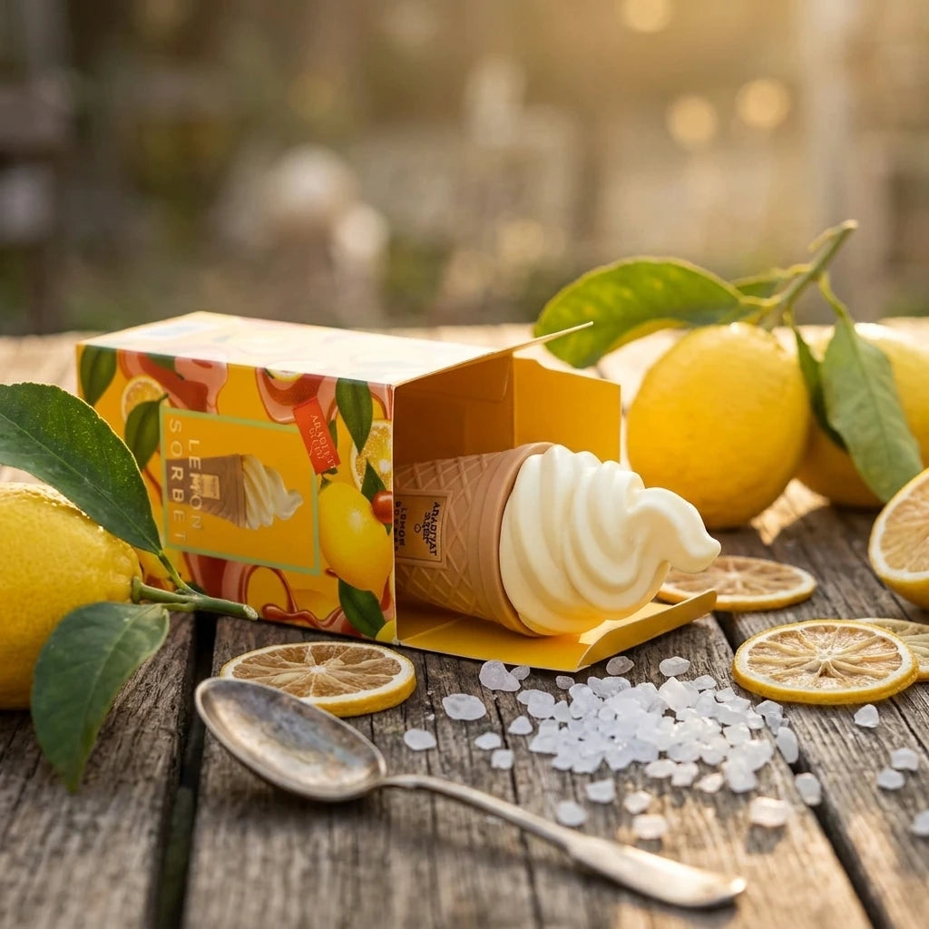 Prompt : Photographie de style food styling haute définition. Le flacon de parfum Arabiyat Sugar "Lemon Sorbet" (tel que vu dans image_8957e6.jpg) glisse doucement hors de sa boîte en carton jaune entrouverte. L'ensemble est posé sur une table de jardin en bois brut, baignée par une lumière dorée de fin d'après-midi. Le flacon en forme de cône de glace à l'italienne est à moitié sorti de l'étui. Tout autour, pour un effet naturel et frais, sont disposés des citrons entiers avec leurs feuilles vertes encore 