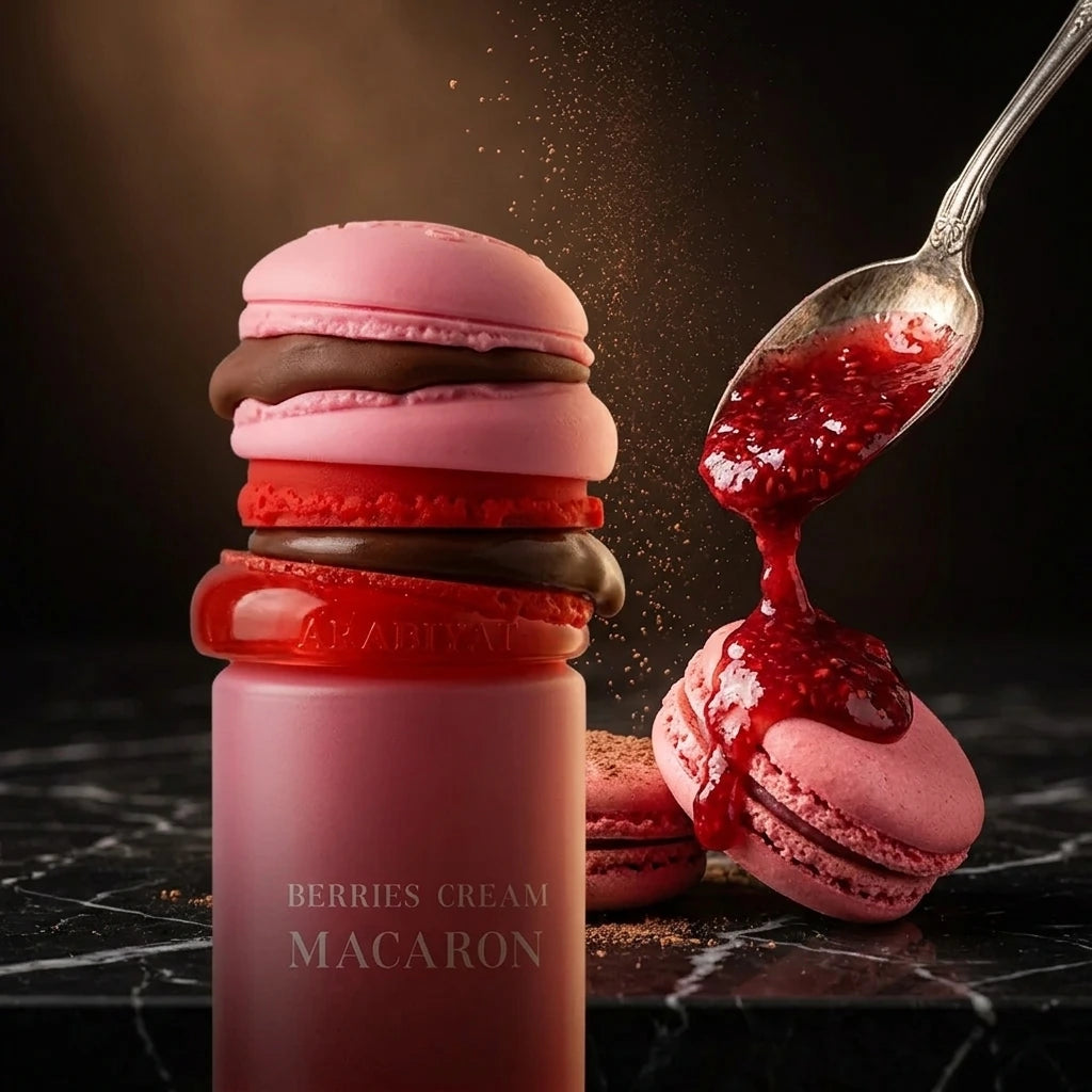 Angle : Vue macro de profil, focus sur le bouchon en forme de macarons empilés.  Scène : Le capuchon sculptural de l'image image_8c159e.png est mis en avant. Juste à côté de lui, une cuillère en argent vintage laisse couler un coulis de fruits rouges épais, brillant et texturé qui nappe artistiquement un vrai macaron croustillant posé sur le côté. Une pincée de poudre de cacao fine flotte subtilement dans l'air.  Décor & Lumière : Table de chef en marbre noir veiné. Lumière chaude et focalisée (style clair-