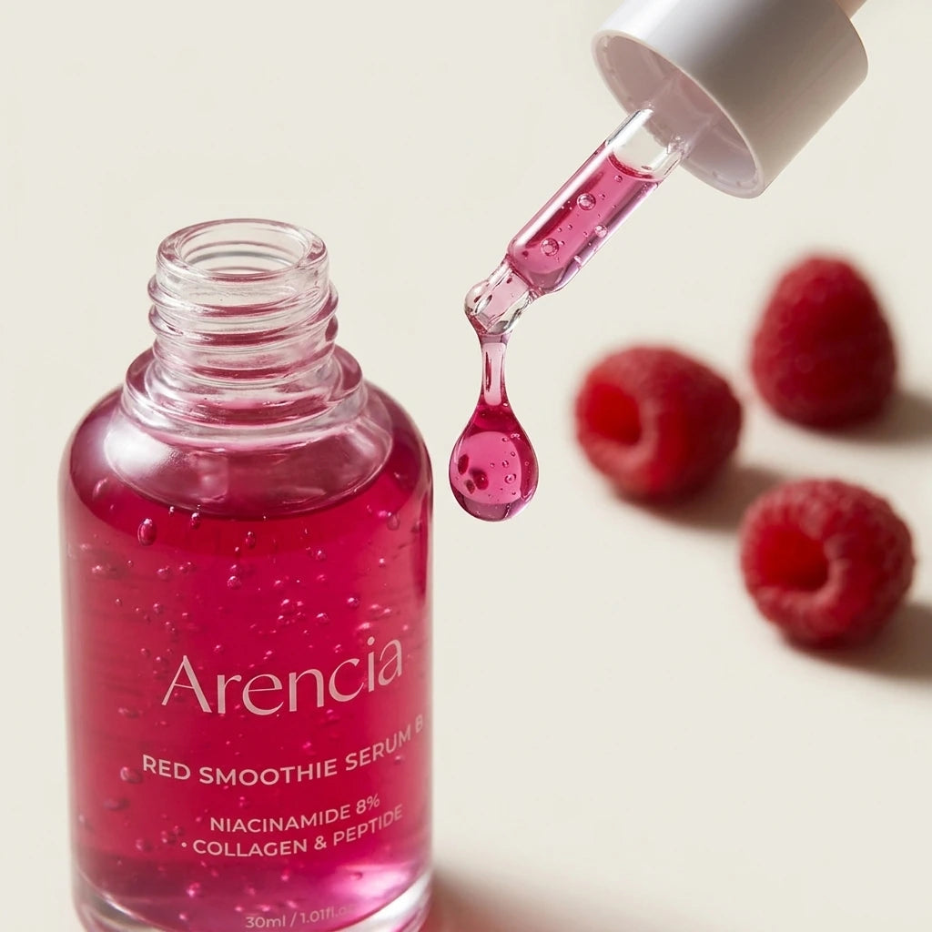 Angle : Gros plan à hauteur de la pipette ($45^\circ$).Scène : La bouteille en verre d'Arencia est au premier plan. Sa pipette blanche est délicatement extraite, laissant couler une goutte de sérum rose fuchsia visqueux et brillant. À l'arrière-plan, quelques framboises fraîches sont légèrement floutées (effet bokeh).Fond & Éclairage : Fond épuré blanc crème mat. Éclairage focalisé de studio pour faire briller la translucidité de la goutte de sérum. (gemini-3.1-flash-image-preview)