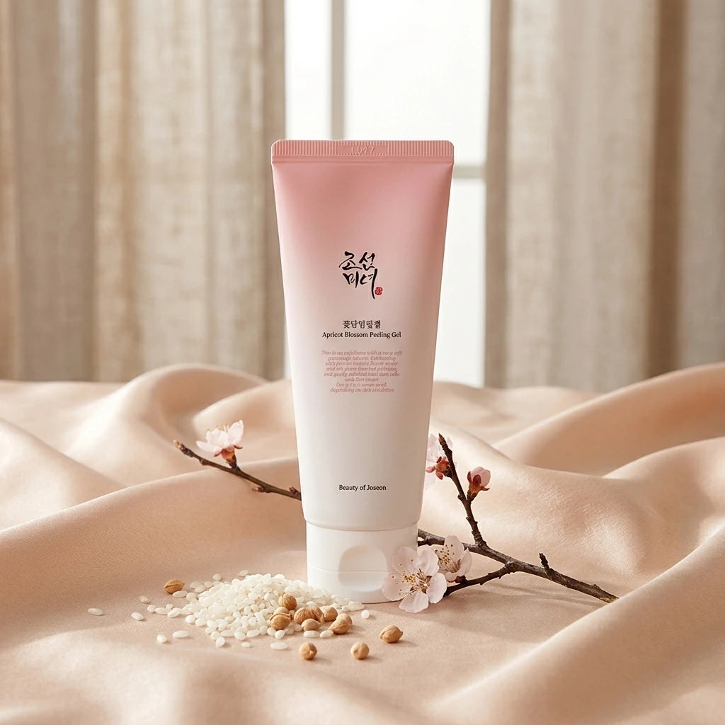 Angle : Prise de vue de studio à $45^\circ$, surélevée.Scène : Le tube de Beauty of Joseon de l'image est posé verticalement au centre de la composition. Il repose sur un tissu de soie fine couleur pêche ou beige rosé doux, froissé avec élégance. Au premier plan, de petites perles d'abricot et de riz blanc crus sont parsemées autour de la base du tube. À côté, une branche fine d'abricotier avec quelques fleurs de cerisier pâles ou fleurs d'abricotier est disposée artistiquement.Fond & Éclairage : Fond flou 