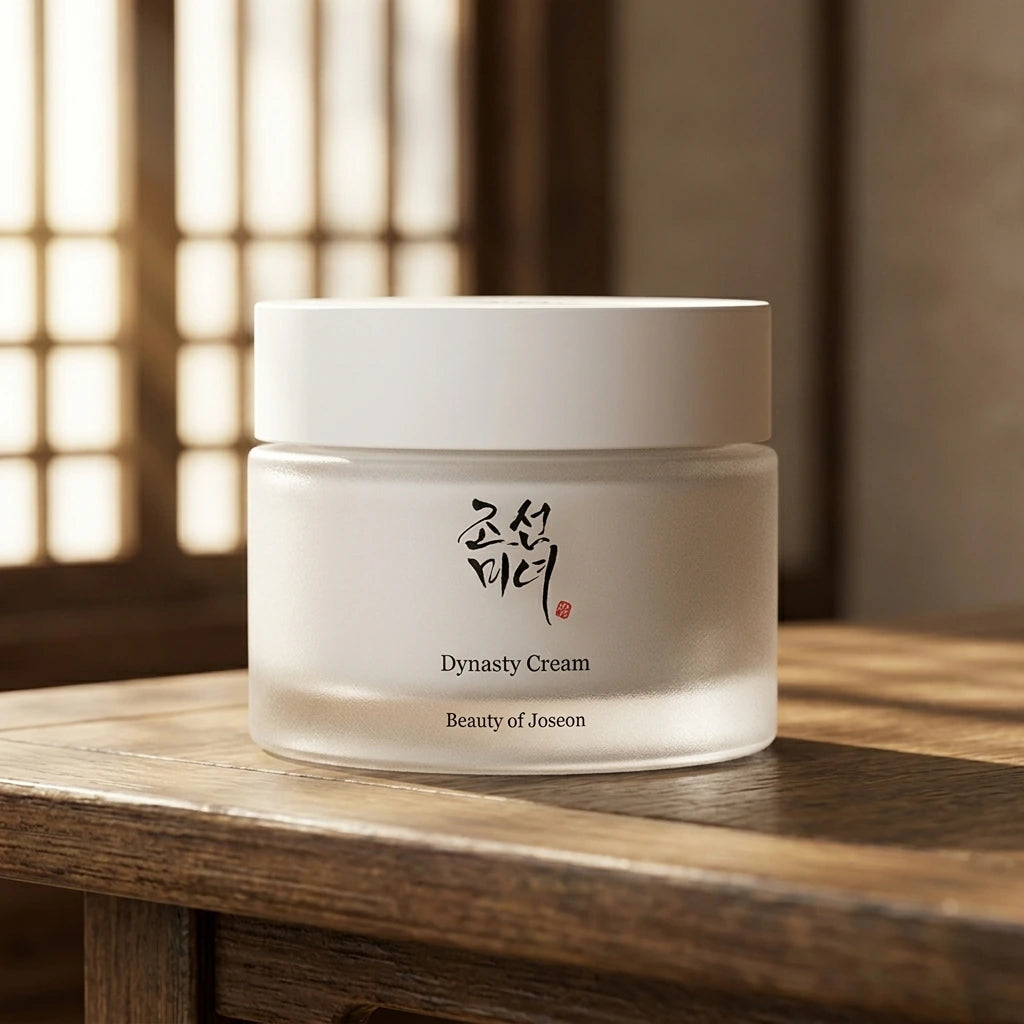 Angle : Face produit légèrement en contre-plongée (15°)  Ultra realistic luxury skincare photography, Beauty of Joseon Dynasty Cream jar placed on a traditional Korean wooden table near a paper window, soft morning sunlight entering from the side, warm shadows, natural atmosphere, premium cosmetic campaign, shallow depth of field, highly detailed frosted glass texture, clean composition, editorial beauty photography, 85mm lens, photorealistic, commercial skincare advertisement. (gemini-3.1-flash-image-previ