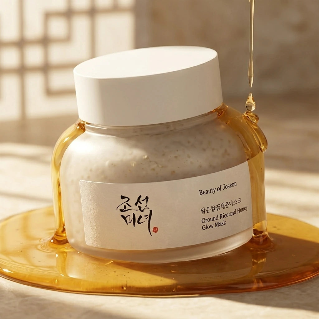 Angle : 3/4 face  Beauty of Joseon Ground Rice and Honey Glow Mask jar partially surrounded by flowing golden honey, realistic honey drips, warm sunlight, luxury Korean skincare campaign, photorealistic cosmetic photography, premium beauty advertising, creamy texture visible through frosted glass, elegant shadows, ultra detailed. (gemini-3.1-flash-image-preview)