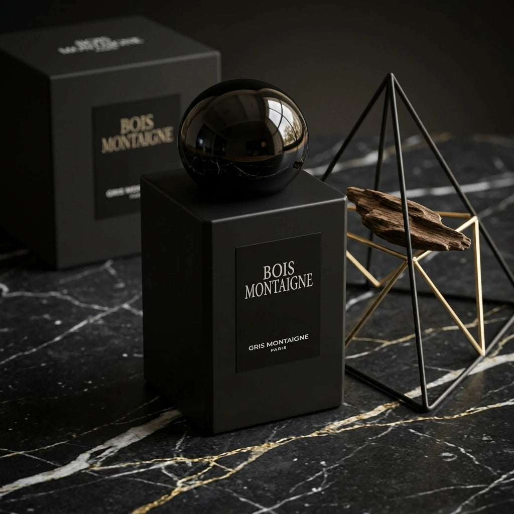 Angle : Vue de trois-quarts face, légèrement plongeante pour capturer la profondeur du décor.  Fond : Une plaque texturée de marbre noir mat veiné de blanc pur et d'or.  Mise en scène : Le flacon noir mat "Bois Montaigne" est positionné élégamment au centre. À ses côtés, une structure géométrique aérienne en laiton noir et doré symbolise une pyramide olfactive discrète, sur laquelle repose un unique éclat de bois précieux. Un coffret cadeau premium noir de la marque est subtilement visible en arrière-plan. 