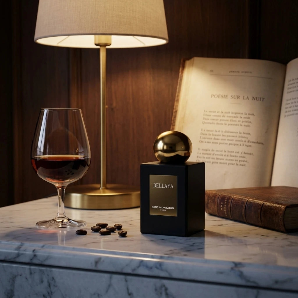 Un plan moyen d'un flacon de image_2.png posé sur une commode en marbre de Carrare. À côté, un verre à pied contenant un spiritueux ambré foncé et quelques grains de café. Un livre ancien ouvert sur une page de poésie sur la nuit repose à l'arrière-plan. La lumière est tamisée, venant d'une lampe de table en laiton, créant une ambiance de club de jazz feutré. Style : Photographie publicitaire moderniste, minimaliste. (gemini-3.1-flash-image-preview)