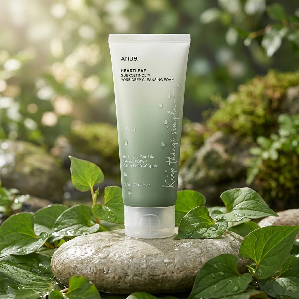 E-commerce lifestyle shot of the Anua Heartleaf Quercetinol Pore Deep Cleansing 150ml tube (image_0.png). The product stands on a damp, smooth light grey river stone. It is surrounded by fresh green Houttuynia cordata (heartleaf) leaves and a few scattered droplets of clear water, suggesting a pore-deep clean. The background is a gently blurred natural setting with hints of sunlight filtering through leaves. Dimensions: 1200x1200px. Fresh, organic, and clean aesthetic. (gemini-3.1-flash-image-preview)